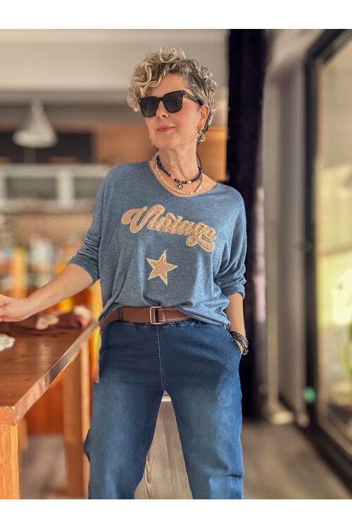 Gabbi İtalyan Vintage Desen Triko Jeans Mavi