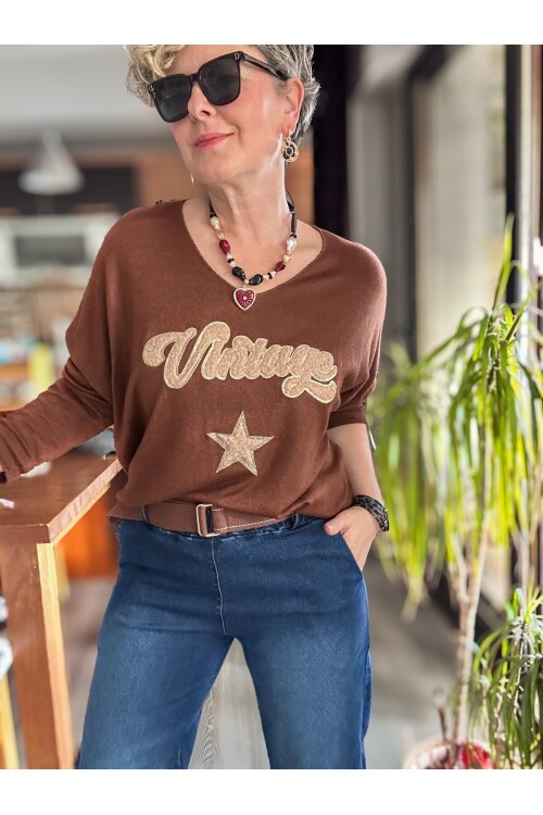 Gabbi İtalyan Vintage Desen Triko Kahve