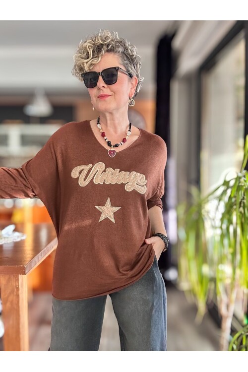 Gabbi İtalyan Vintage Desen Triko Kahve