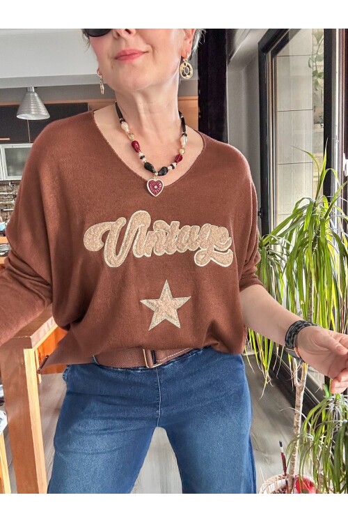 Gabbi İtalyan Vintage Desen Triko Kahve