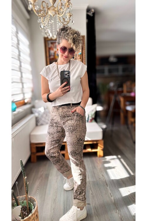 Gianni İtalyan Desen Detay Kemerli Sihirli Pantolon Beige