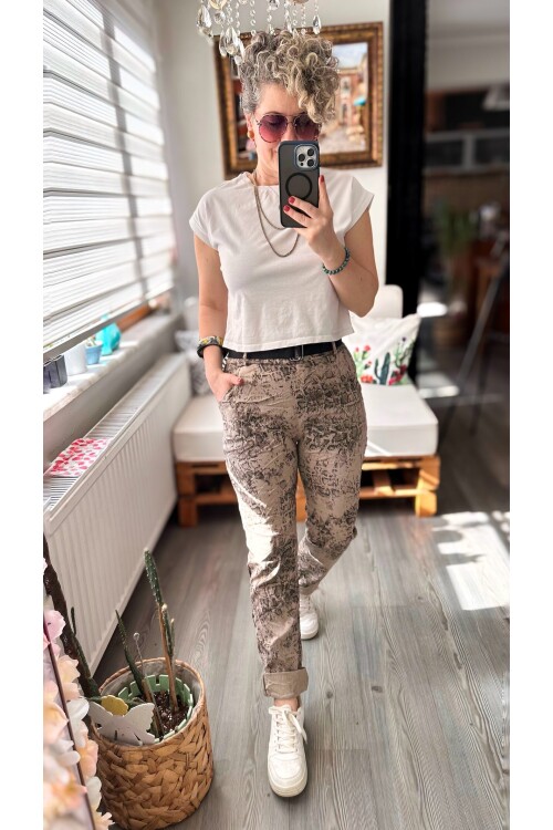 Gianni İtalyan Desen Detay Kemerli Sihirli Pantolon Beige