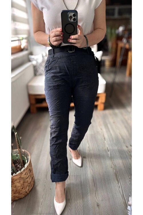 Gianni İtalyan Desen Detay Kemerli Sihirli Pantolon Navy