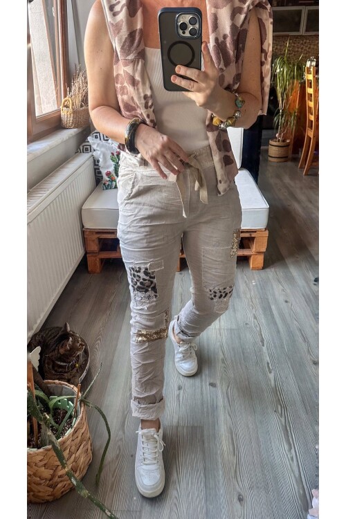 İtaliana Leopar Desen Pul Detaylı Sihirli Pantolon Beige