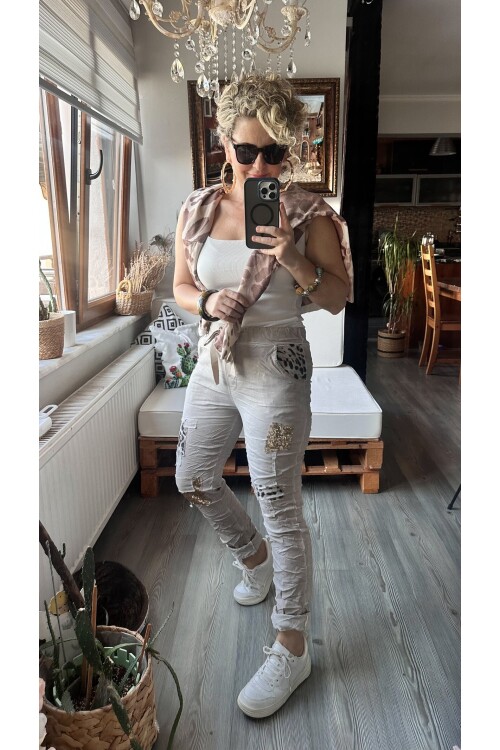 İtaliana Leopar Desen Pul Detaylı Sihirli Pantolon Beige