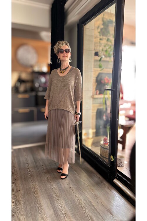 Janine İtalyan Merserize Bluz Takım Elbise Vizon