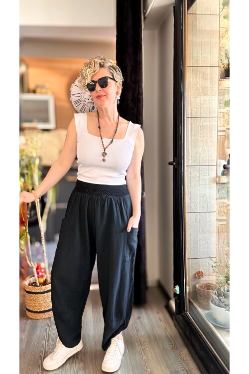 Jimmy V Paça Detaylı Bel Lastik Pamuk Pantalon Siyah