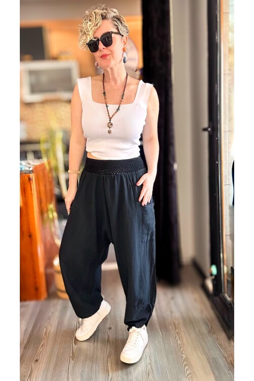 Jimmy V Paça Detaylı Bel Lastik Pamuk Pantalon Siyah