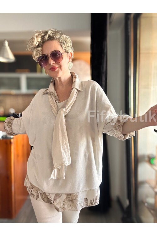 Julli İtalyan Gömlekli Bluz Triko Takım Bej