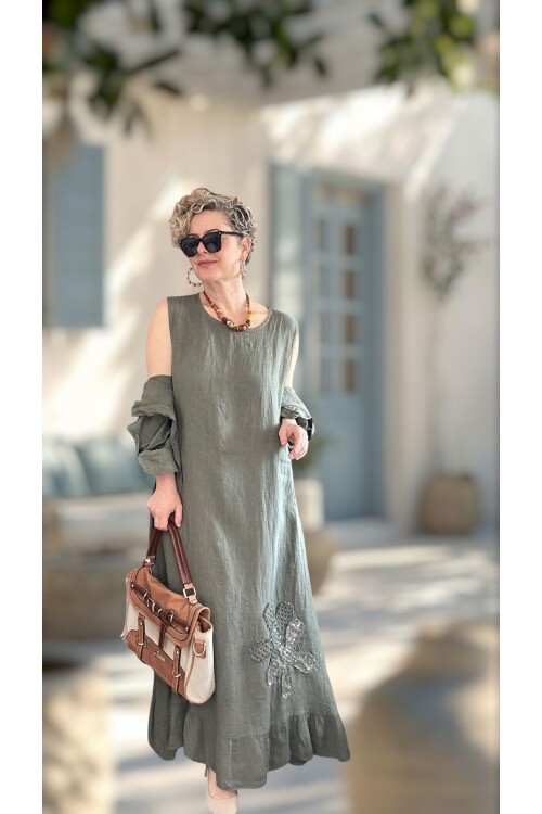 Kubba İthal %100 Linen Ceket & Kolsuz Elbise Takımı Papatya Haki