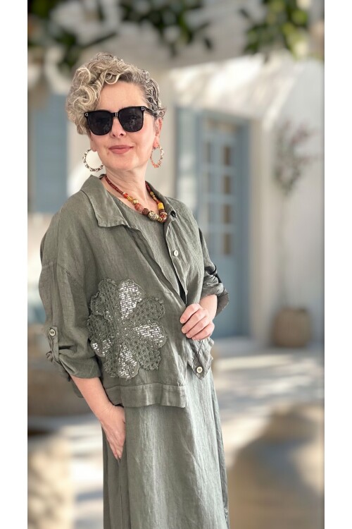 Kubba İthal %100 Linen Ceket & Kolsuz Elbise Takımı Papatya Haki