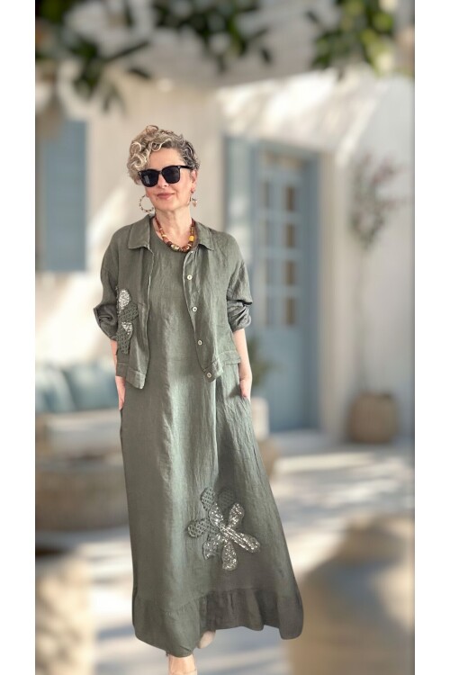 Kubba İthal %100 Linen Ceket & Kolsuz Elbise Takımı Papatya Haki