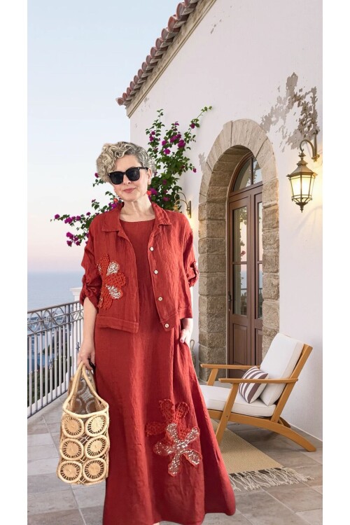 Kubba İthal %100 Linen Ceket & Kolsuz Elbise Takımı Papatya Kiremit