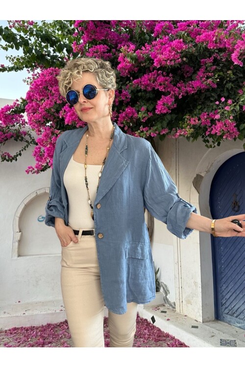 Lesso İtalyan Blazer Keten Ceket Jeans Mavi