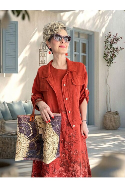 Lunera | İthal %100 Linen Ceket & Desenli Maksi Elbise Takımı Tarçın