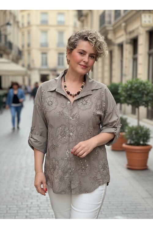Melly İtalyan Fisto Pul Detay Gömlek Vizon