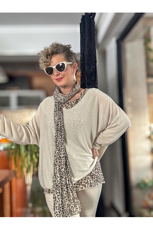 Meloni İtalyan Fularlı Atletli Bluz Triko Takım Beige