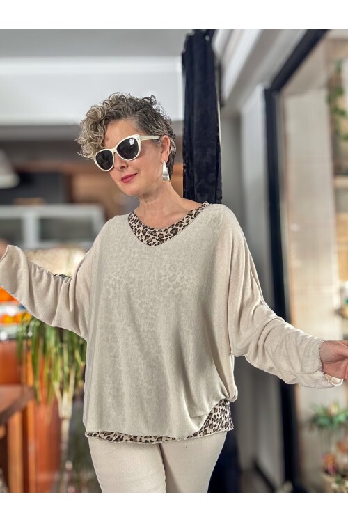 Meloni İtalyan Fularlı Atletli Bluz Triko Takım Beige