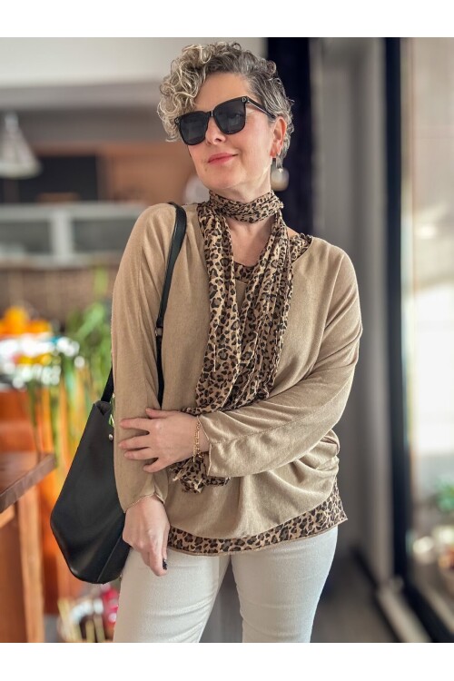 Meloni İtalyan Fularlı Atletli Bluz Triko Takım Cappuccino