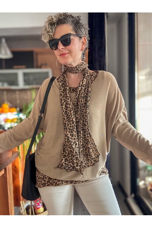 Meloni İtalyan Fularlı Atletli Bluz Triko Takım Cappuccino