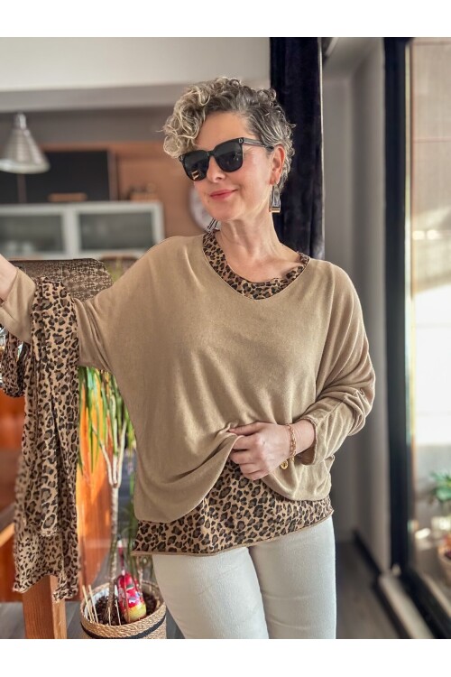 Meloni İtalyan Fularlı Atletli Bluz Triko Takım Cappuccino