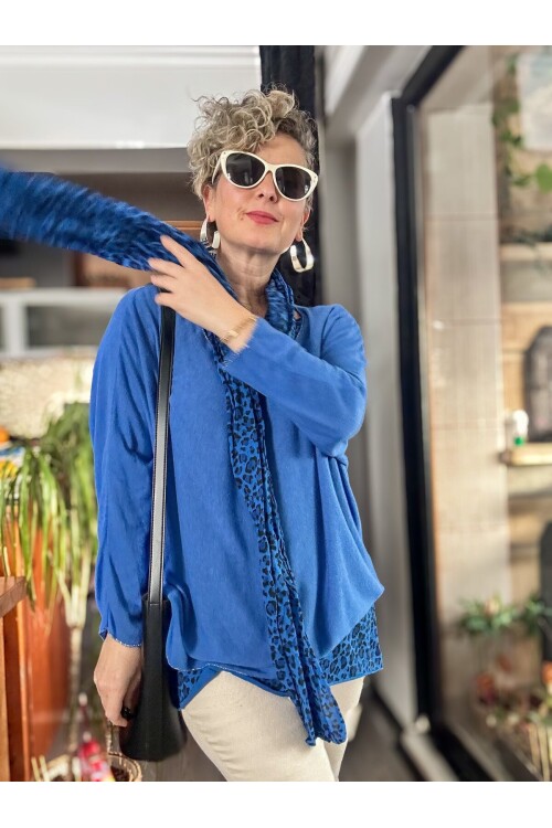 Meloni İtalyan Fularlı Atletli Bluz Triko Takım Saks Mavi