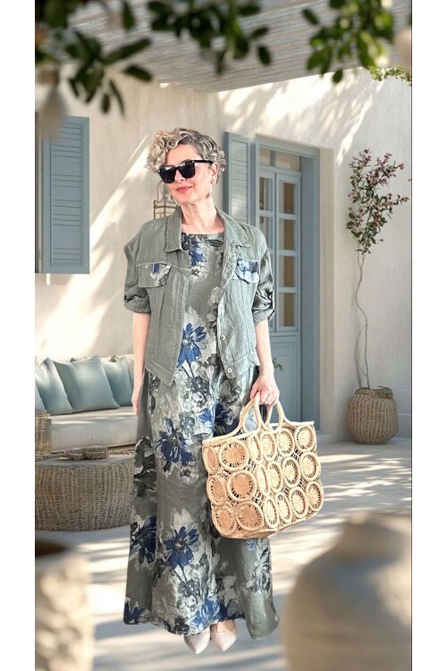 Mikka İthal %100 Linen Ceket & Kolsuz Elbise Takımı Haki