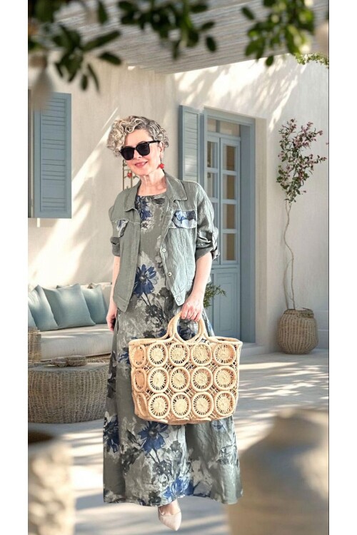 Mikka İthal %100 Linen Ceket & Kolsuz Elbise Takımı Haki