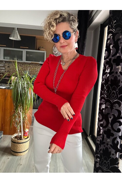 Mixx V Yaka Likralı Triko Bluz Kırmızı