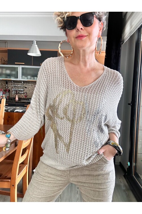 Nando İtalyan Varak Love Baskılı Triko Beige