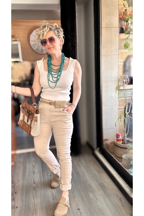 Nappa İtalyan Çanta Kemerli Sihirlli Pantolon Beige