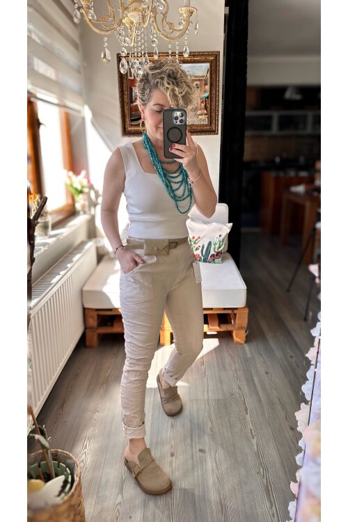 Nappa İtalyan Çanta Kemerli Sihirlli Pantolon Beige