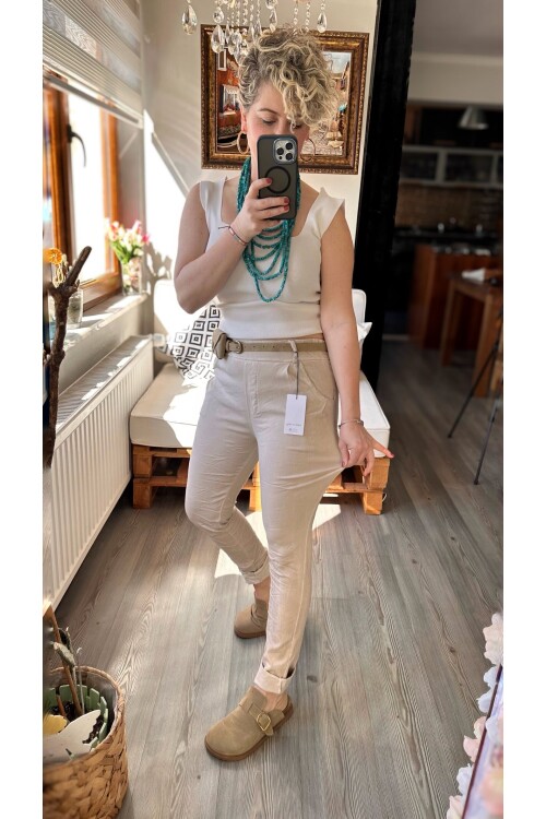 Nappa İtalyan Çanta Kemerli Sihirlli Pantolon Beige