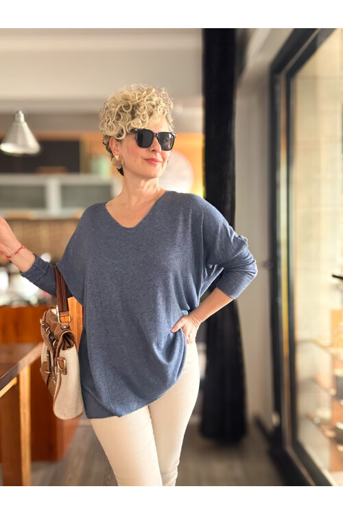 Nonna İthal V Yaka Angora Triko İndigo