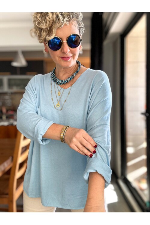 Nonna İthal V Yaka Tasarım Triko Bebe Mavi