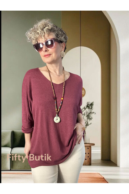 Nonna İthal V Yaka Tasarım Triko Mürdüm