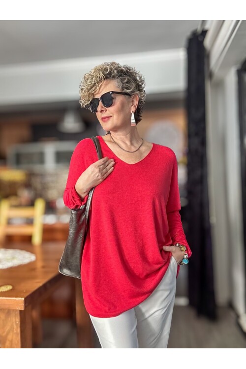 Nonna İthal V Yaka Tasarım Triko Nar Çiçeği