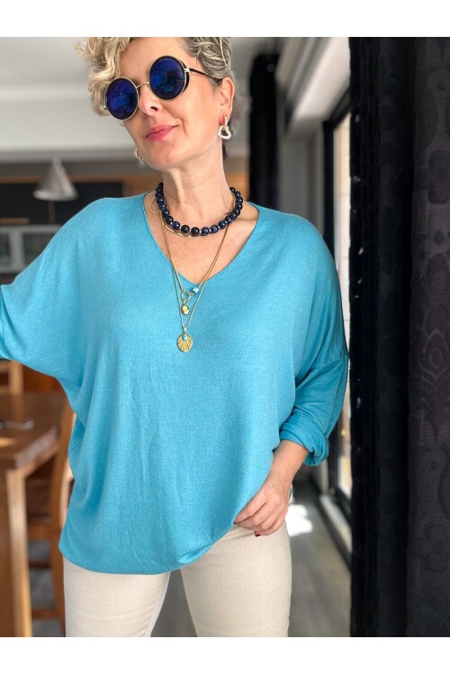 Nonna İthal V Yaka Tasarım Triko Turkuaz