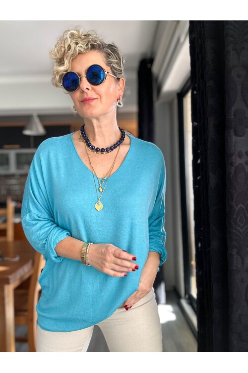 Nonna İthal V Yaka Tasarım Triko Turkuaz