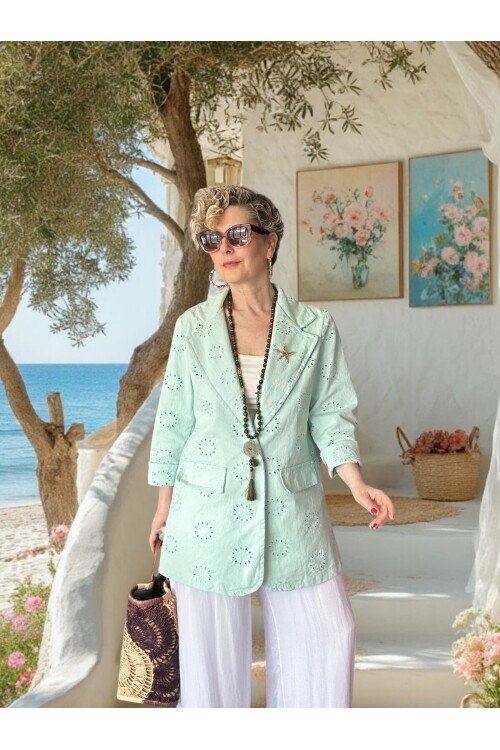 Primma | Fisto Nakışlı & Yıldız Broşlu Pamuk Blazer Mint
