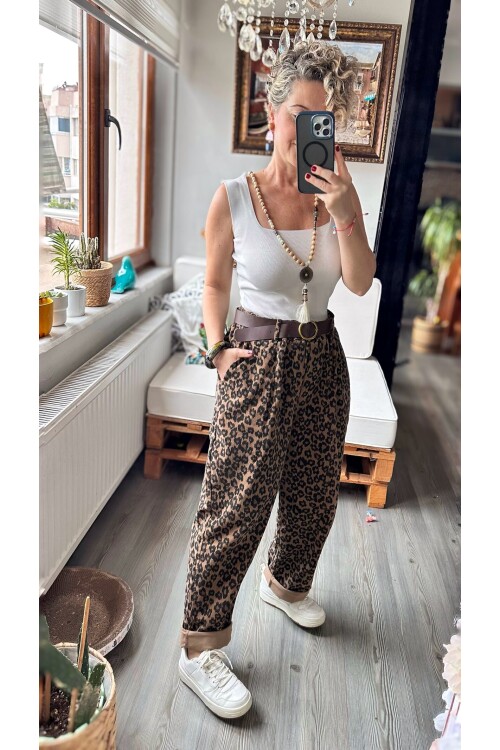 Rosa İtalyan Balon Kemerli Leopar Desen Pantolon
