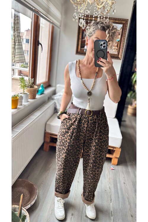Rosa İtalyan Balon Kemerli Leopar Desen Pantolon