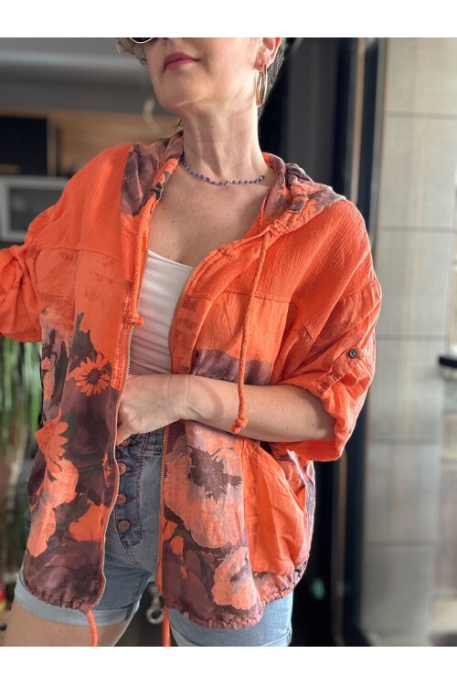 Satti İtalyan Tasarım Çiçek Desen Kapşon Ceket Orange