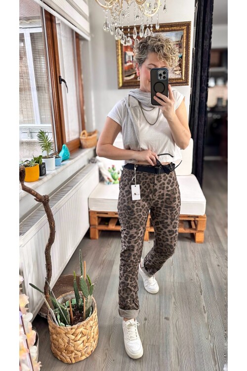 Scala İtalyan Leopar Desen Kemer Detaylı Sihirli Pantolon