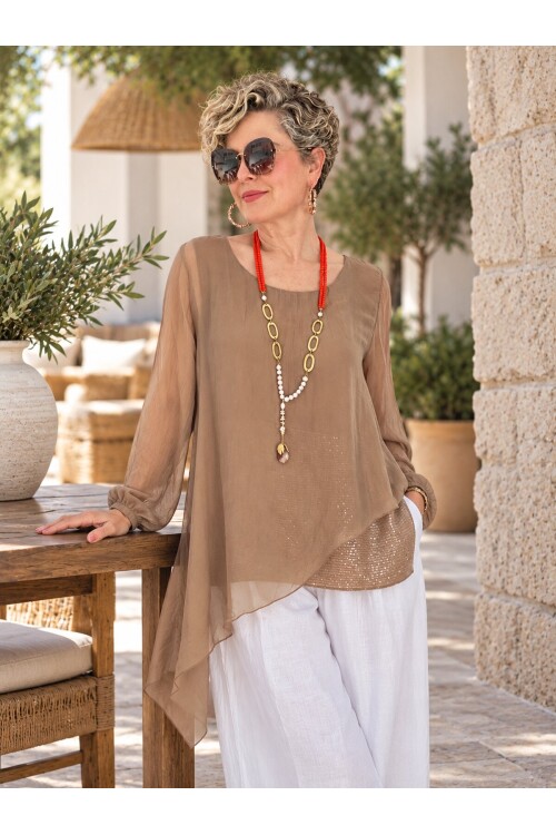 Sette Asimetrik Kesim Payetli İpek Kollu Premium Bluz Camel