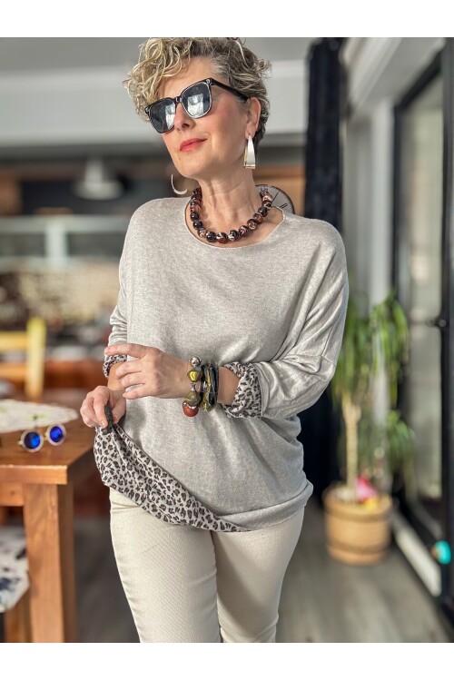 Sosa İtalyan Leopar Desen Yuvarlak Yaka Triko Beige