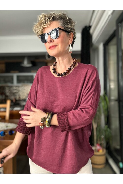 Sosa İtalyan Leopar Desen Yuvarlak Yaka Triko Bordo