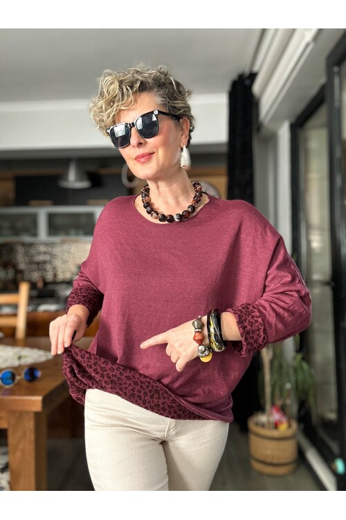 Sosa İtalyan Leopar Desen Yuvarlak Yaka Triko Bordo