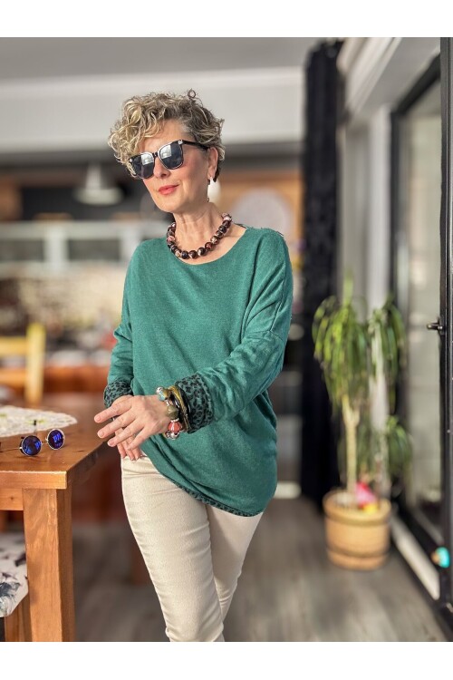 Sosa İtalyan Leopar Desen Yuvarlak Yaka Triko Zümrüt