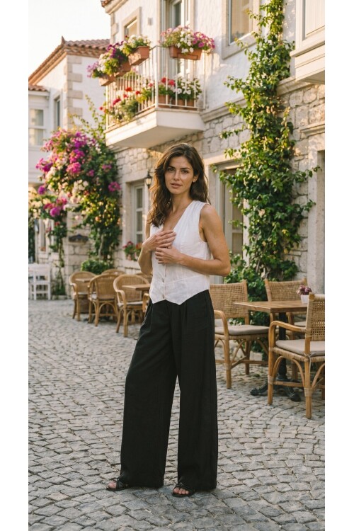 Terra %100 Linen Tasarım Düğmeli Yelek Beyaz
